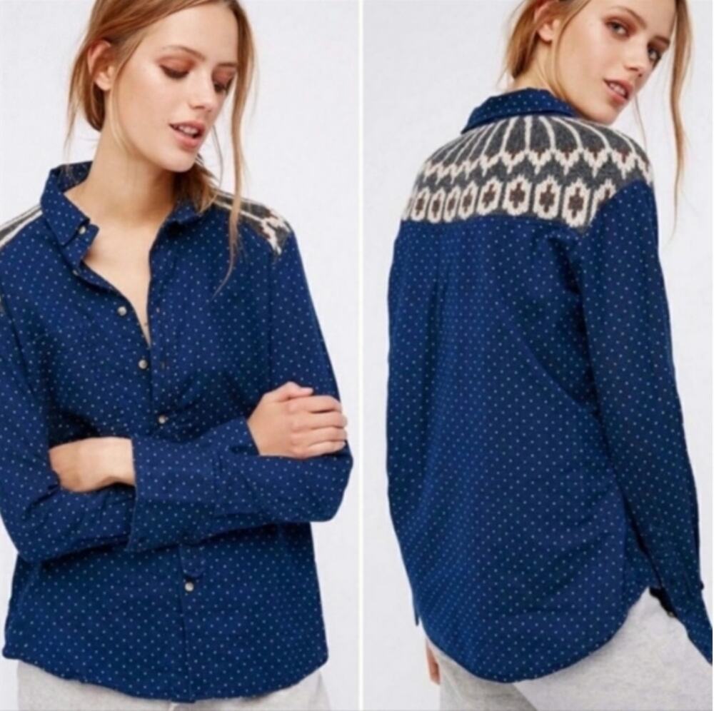 FREE PEOPLE Sage Navy Chambray Polka Dot Button Down Shirt // XS
